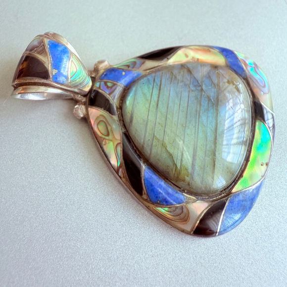 Native Southwestern 25 CT Labradorite Mosaic Inlay Pendant Sterling Silver 925 - Picture 2 of 6